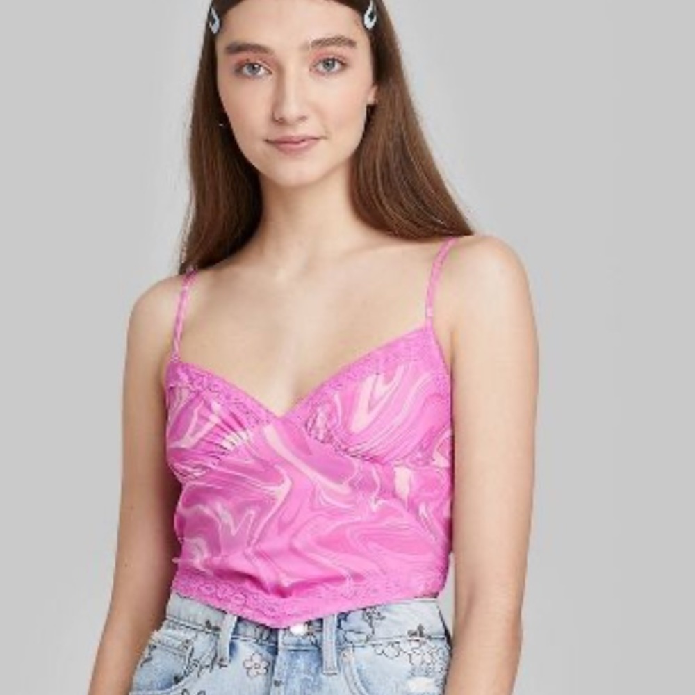 Wild fable cropped pink swirl size XL Lace Trim Satin Cami Adjustable straps new